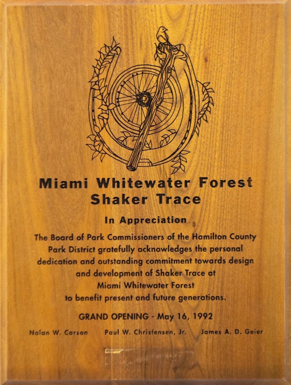Miami Whitewater Forest Shaker Trace appreciation plaque