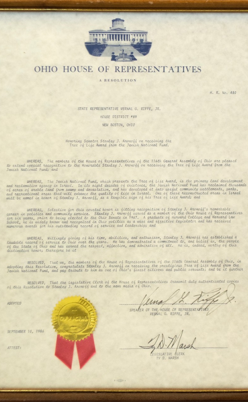Letter from Ohio House of Representatives Honoring Senator Stanley Aronoff on receiving the Tree of Life award