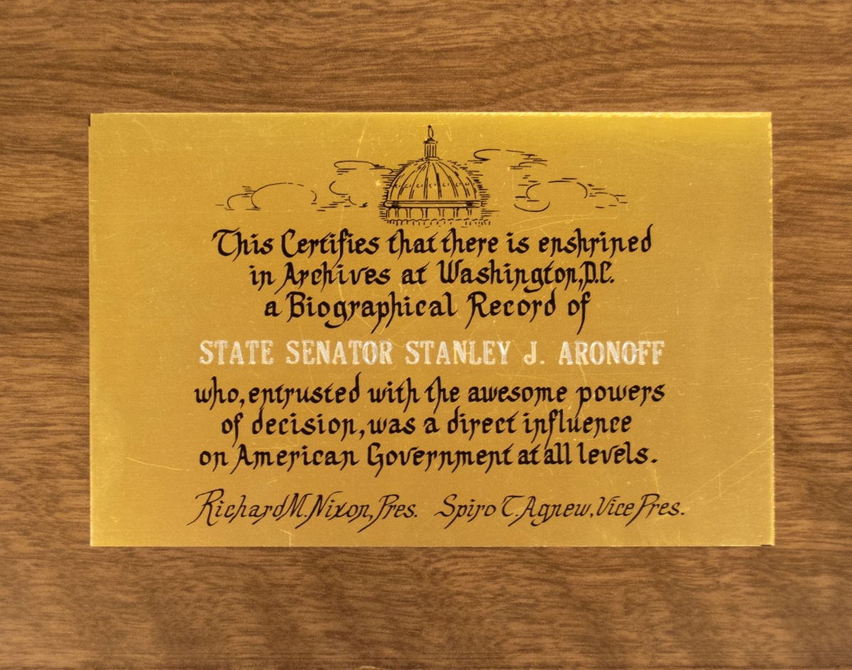 Archives at Washington D.C. a Biographical Record of State Senator Stanley J. Aronoff
