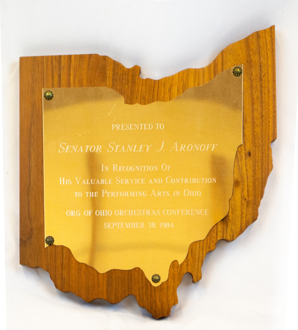 Plaque presented to Stanley Aronoff for contribution to the performing arts of Cincinnati