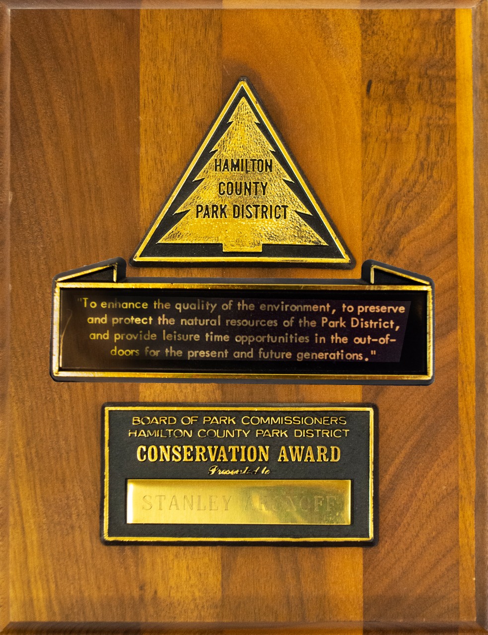 Hamilton County Park District, presents the Conservation Award to Stanley J. Aronoff