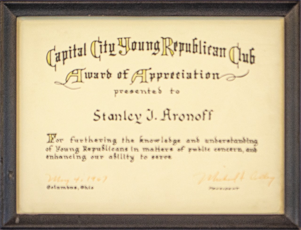 Capital City Young Republican Club Award of Appreciation presented to the honorable Stanley J. Aronoff 