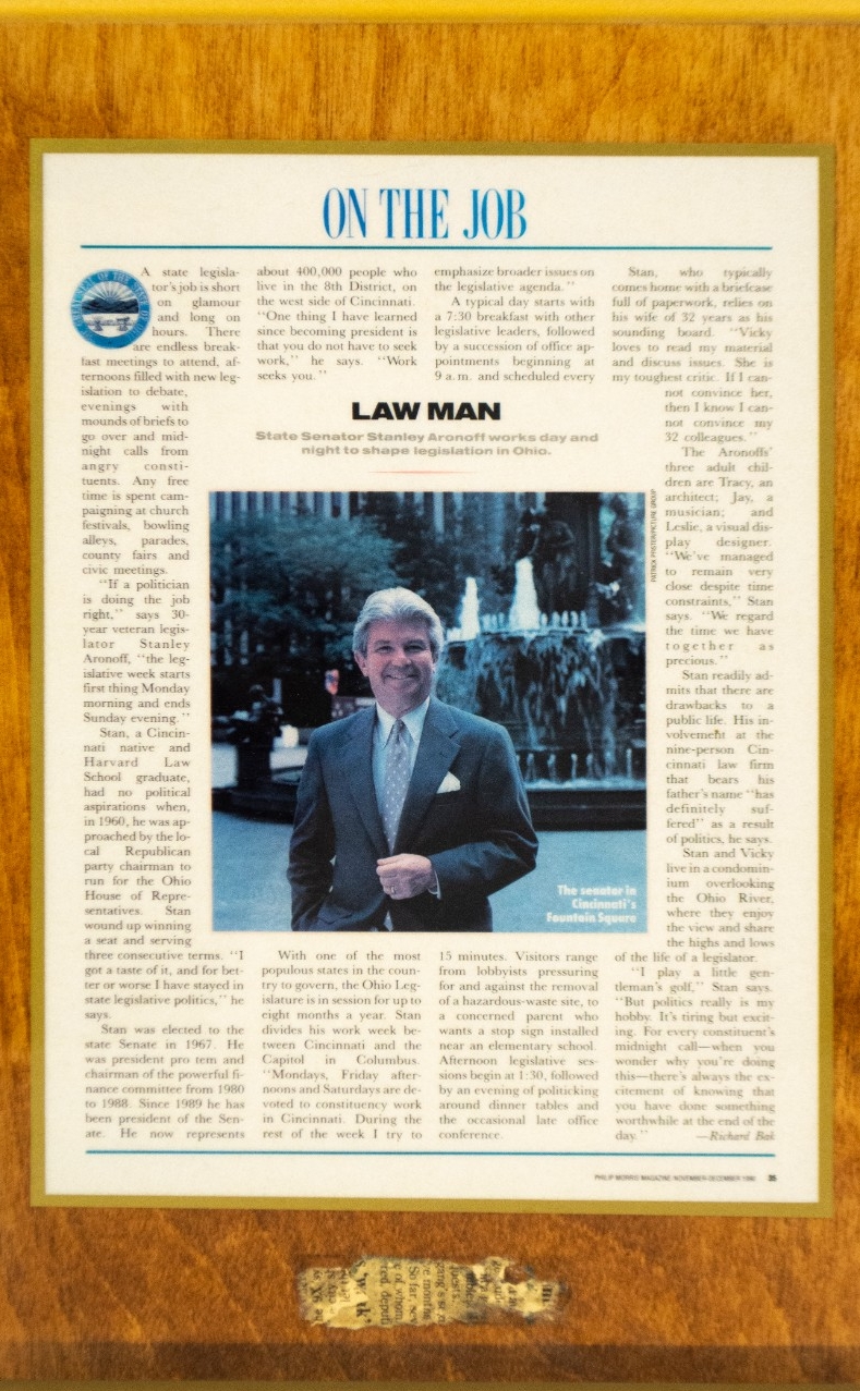 On the Job News article titled Law Man State Senator Stanley Aronoff works day and night to shape legislation is Ohio