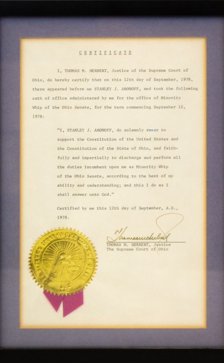 Oath Certification from Thomas E. Herbert Justice the supreme court of Ohio to Stanley J. Aronoff