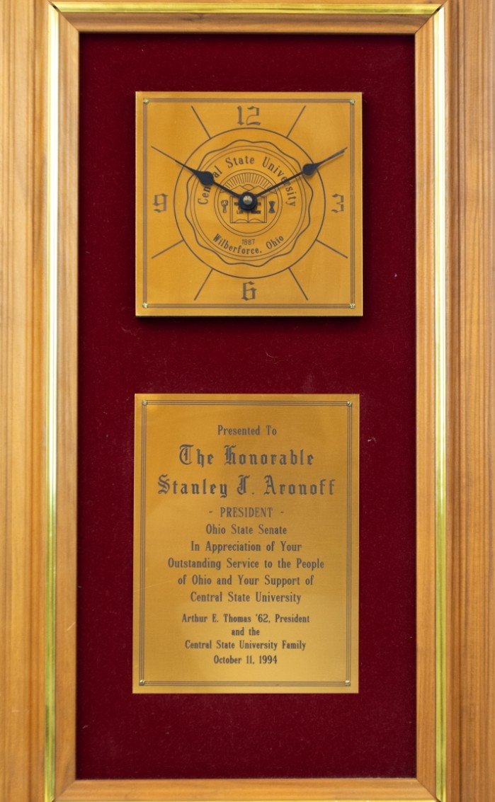 Clock Plaque Presented to Stanley J. Aronoff
