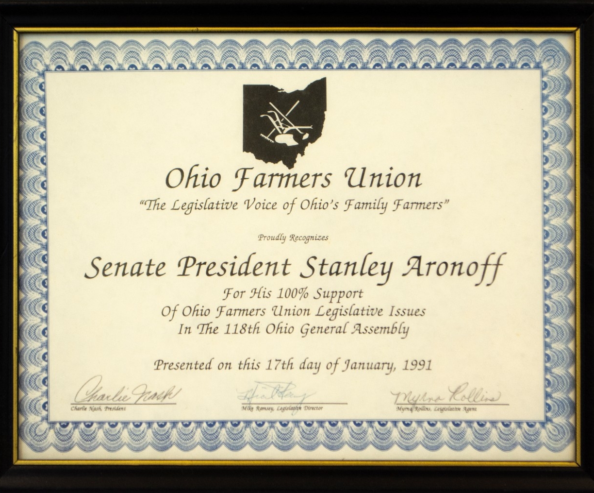 Ohio Farmers Union recognizing Senate President Stanley Aronoff for his support
