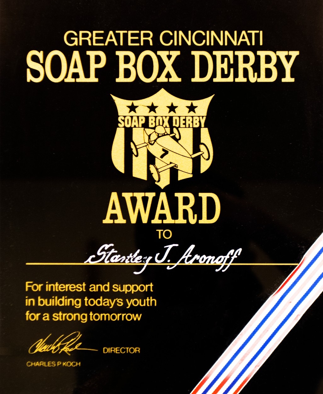 Greater Cincinnati Soap Box Derby awards Stanley J. Aronoff for his support in building today's youth.