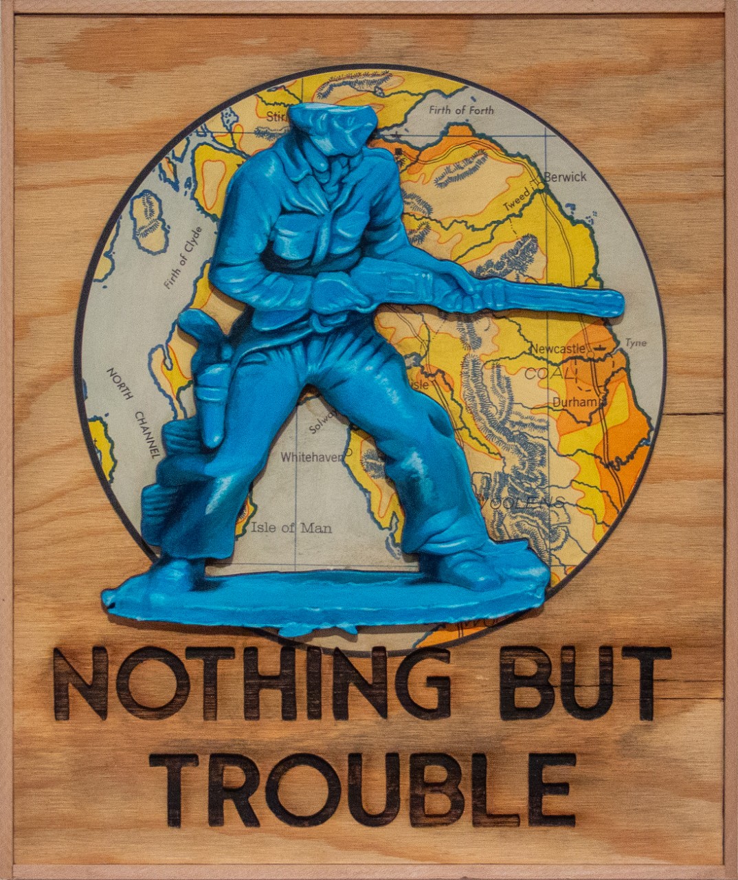 John Wolfer, Every Man, Any Man, acrylic and paper with laser etched plywood