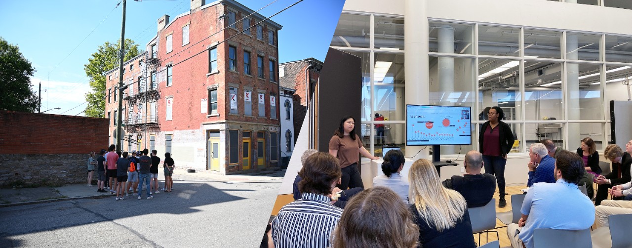 Split image of students touring a neighborhood and presenting their work to a group at DAAP