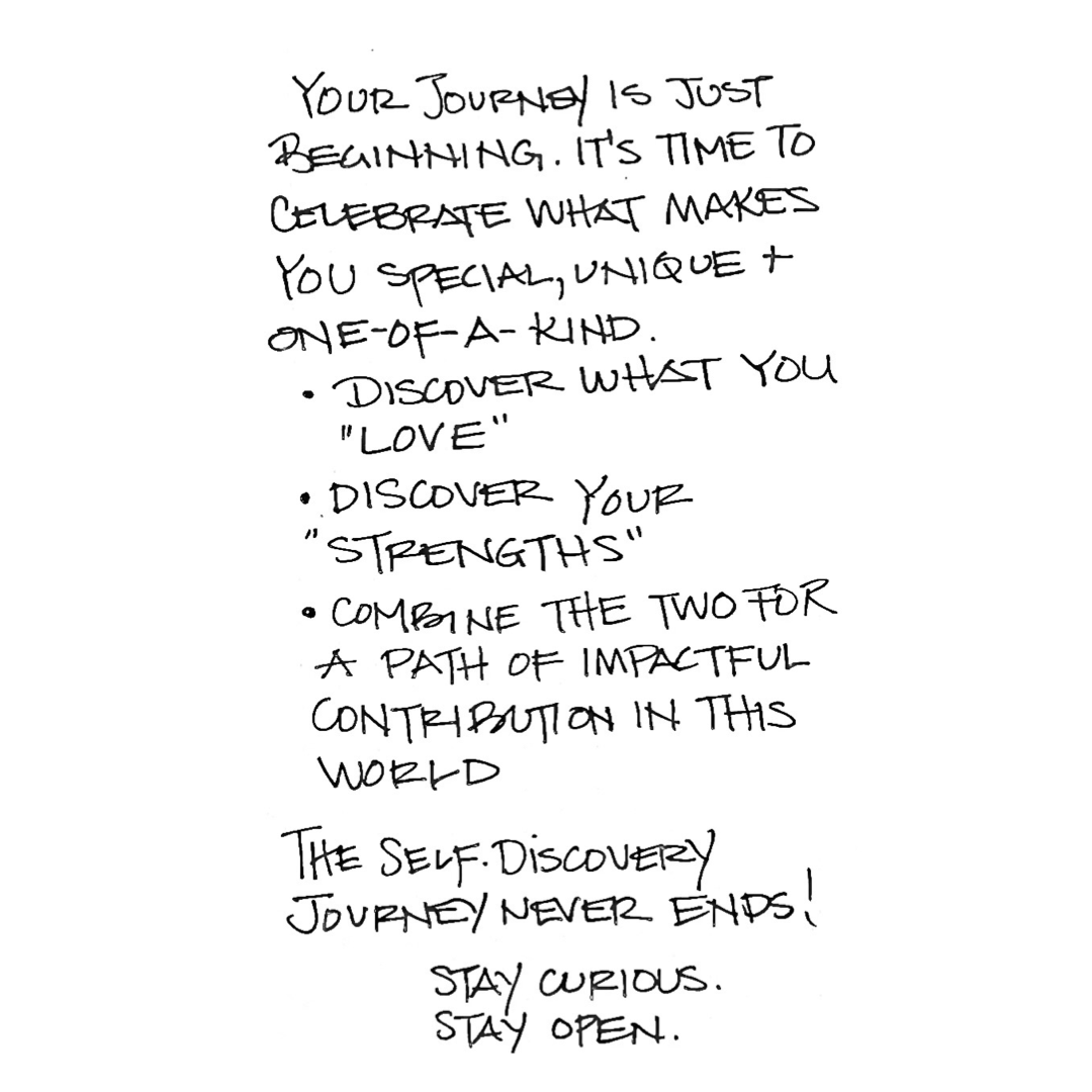 Amy Lukas Quote: Your journey is just beginning. It's time to celebrate what makes you special, unique & one of a kind. Discover what you 'love'. Discover your 'strengths'. Combine the two for a path of impactful contribution in this world. The self-discovery journey never ends! Stay curious. Stay open. 